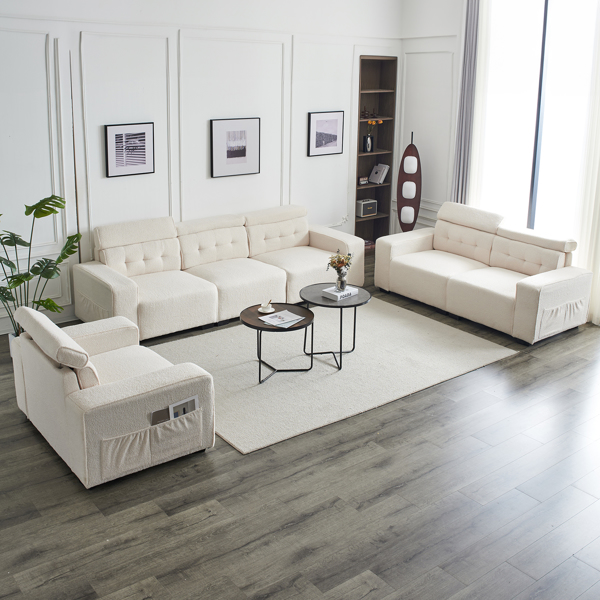 221*96*83cm Teddy Velvet 26cm Fully Detachable Armrests Two Seats With Side Pockets Backrest Pull Points Indoor Double Sofa Off-White