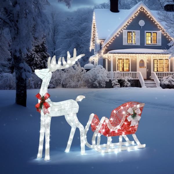 4ft Lighted Christmas Reindeer & Sleigh Outdoor Yard Decoration Set with LED Lights, Red & White