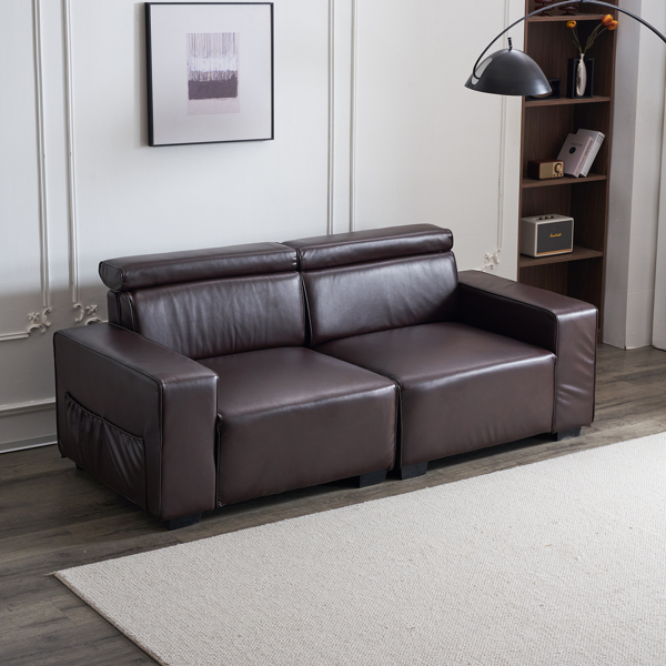 221*96*83cm Retro PU 26cm Fully Detachable Armrests Two Seats With Side Pockets Full Pull Points Indoor Double Sofa Brown