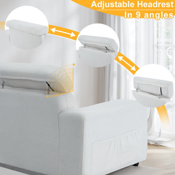 221*96*83cm Teddy Velvet 26cm Fully Detachable Armrests Two Seats With Side Pockets Backrest Pull Points Indoor Double Sofa Off-White