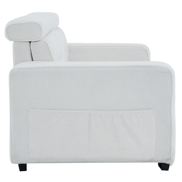 221*96*83cm Teddy Velvet 26cm Fully Detachable Armrests Two Seats With Side Pockets Backrest Pull Points Indoor Double Sofa Off-White