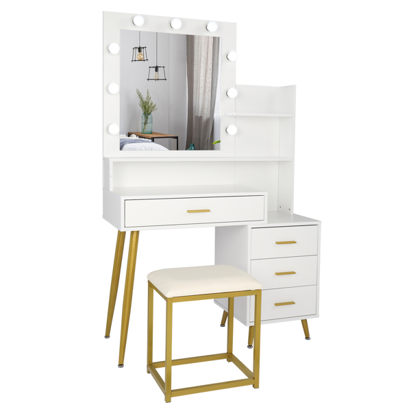  【Old Code：16772020】 Large Vanity Set with 9 LED Bulbs, Makeup Table with Cushioned Stool, 3 Storage Shelves 4 Drawers, Dressing Table Dresser Desk for Women, Girls, Bedroom, White