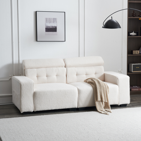221*96*83cm Teddy Velvet 26cm Fully Detachable Armrests Two Seats With Side Pockets Backrest Pull Points Indoor Double Sofa Off-White