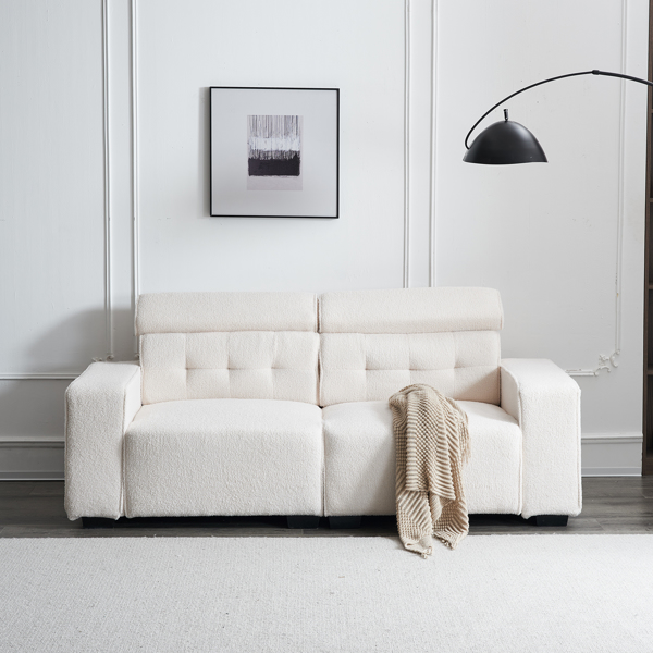 221*96*83cm Teddy Velvet 26cm Fully Detachable Armrests Two Seats With Side Pockets Backrest Pull Points Indoor Double Sofa Off-White