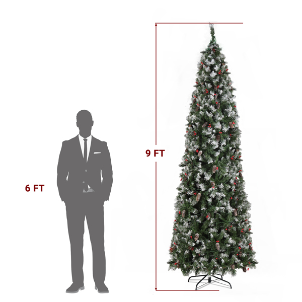 9ft Automatic Tree Structure Pointed Pencil Shape PVC Material Green Sticky White 460 Lights Warm Color 8 Modes 1298 Branches 91 Pine Cones 91 Berries Christmas Tree