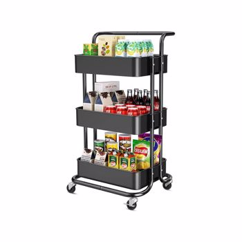 Three-layer mesh utility cart, rolling cart with handle and lockable wheel, multi-function storage rack in kitchen, living room and office-Black（No shipping on weekends）
