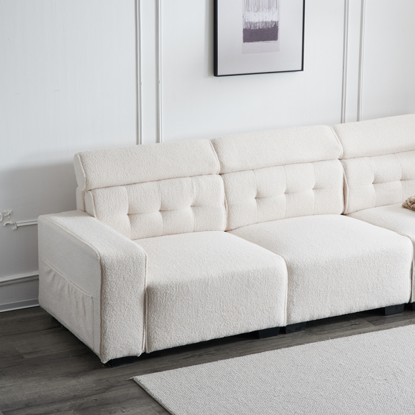 306*96*83cm Teddy Velvet, 26cm Fully Detachable Armrests, Three-Seater With Side Pockets, Backrest Pull Points, Indoor Multi-Person Sofa, Off-White