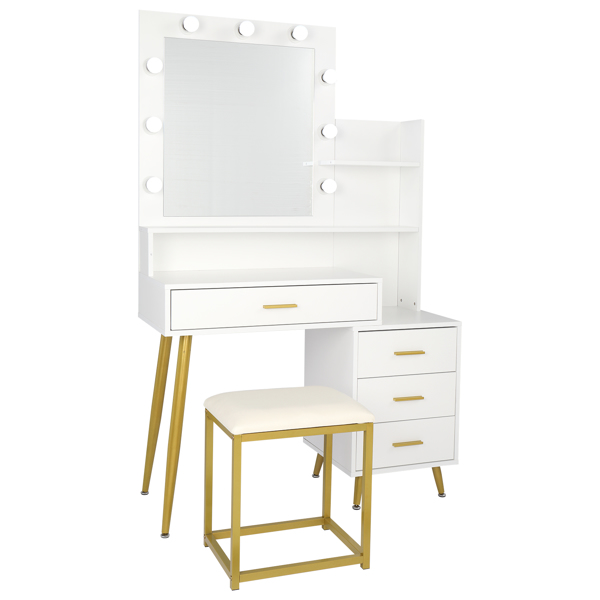  【Old Code：16772020】 Large Vanity Set with 9 LED Bulbs, Makeup Table with Cushioned Stool, 3 Storage Shelves 4 Drawers, Dressing Table Dresser Desk for Women, Girls, Bedroom, White