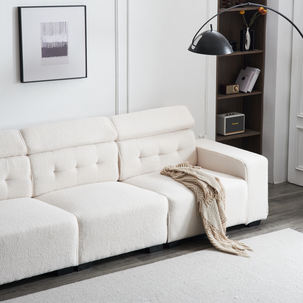 306*96*83cm Teddy Velvet, 26cm Fully Detachable Armrests, Three-Seater With Side Pockets, Backrest Pull Points, Indoor Multi-Person Sofa, Off-White