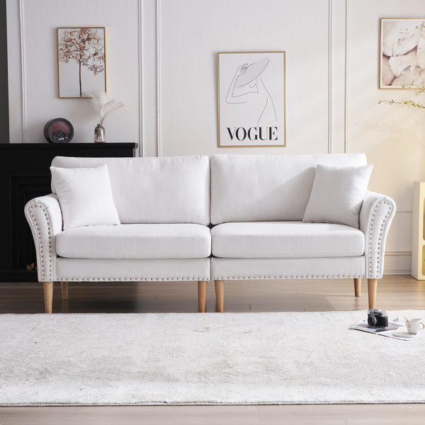 214*83*86cm American Style With Copper Nails, Burlap, Solid Wood Legs, Indoor Double Sofa, Off-White