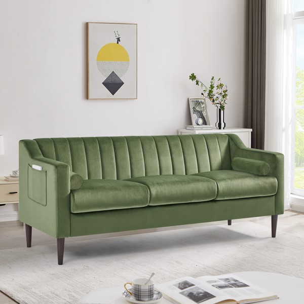 Modern Chesterfield Sofa, Comfortable Upholstered Sofa, Velvet Fabric, Wooden Frame with Wooden Legs, Suitable for Living Room/Bedroom/Office, 3 Seat Sofa -greener