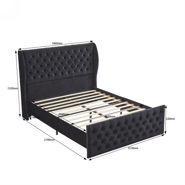Upholstered wingback velvet fabric Chesterfield bed/button tufted headboard with vintage wings/wood slat support/easy to assemble。Queen-Size-Black