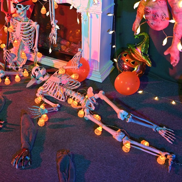 Halloween Decoration  Skeleton, Life Size Posable Skeleton with Stake Red Eyes Sound Activated Realistic Human Bones, Halloween Decoration for Indoor Outdoor Spooky Scene Haunted House（No shipping on 