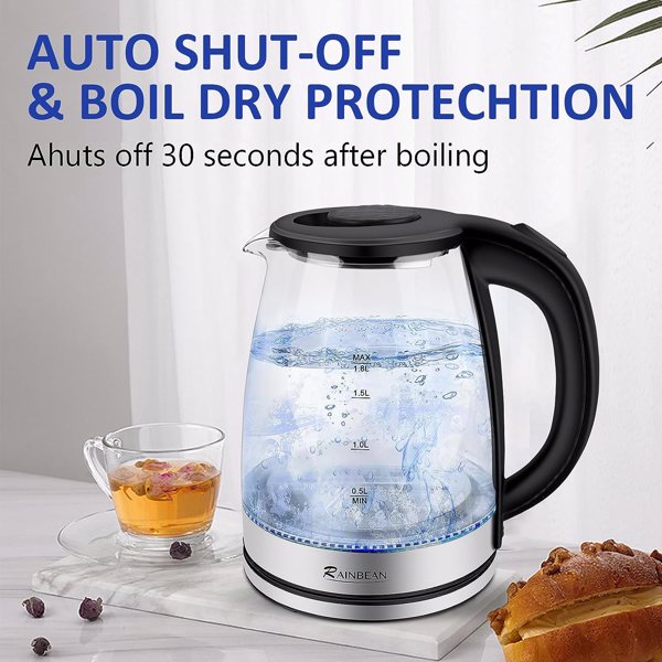 Electric Kettle Water Boiler, 1.8L Electric Tea Kettle, Wide Opening Hot Water Boiler with LED Light, Auto Shut-Off & Boil Dry Protection, Glass Black