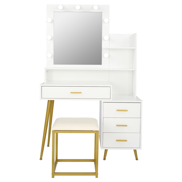  【Old Code：16772020】 Large Vanity Set with 9 LED Bulbs, Makeup Table with Cushioned Stool, 3 Storage Shelves 4 Drawers, Dressing Table Dresser Desk for Women, Girls, Bedroom, White