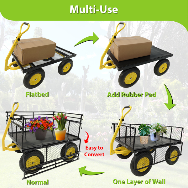 Heavy Duty Steel Garden Cart with Removable Mesh Sides to Convert into Flatbed, Utility Metal Wagon with 2-in-1 Handle and 16 in Tires, Perfect for Garden, Farm, Yard, 1400lbs Capacity