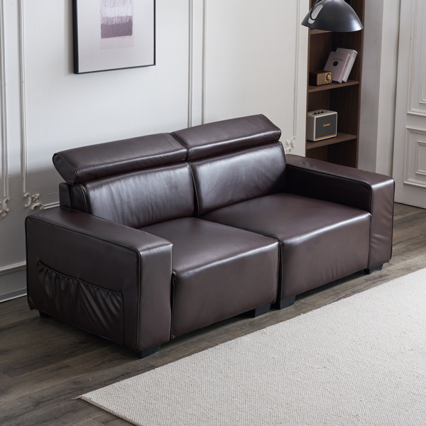 221*96*83cm Retro PU 26cm Fully Detachable Armrests Two Seats With Side Pockets Full Pull Points Indoor Double Sofa Brown