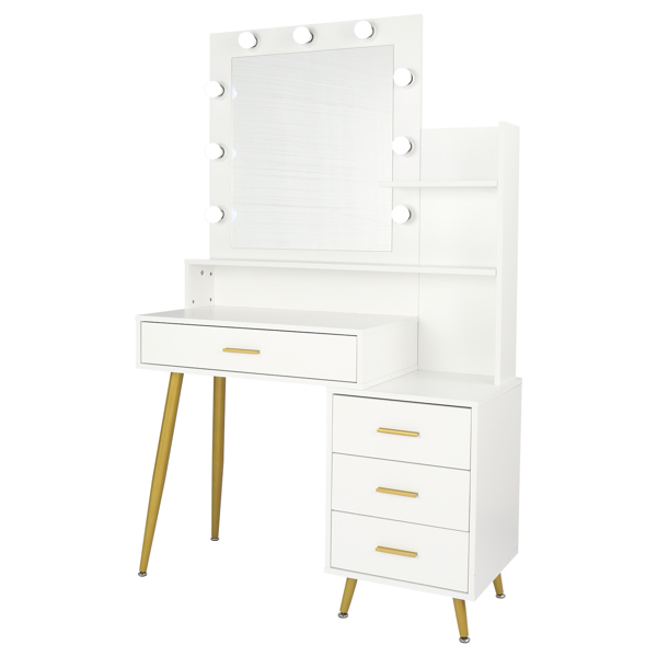  【Old Code：16772020】 Large Vanity Set with 9 LED Bulbs, Makeup Table with Cushioned Stool, 3 Storage Shelves 4 Drawers, Dressing Table Dresser Desk for Women, Girls, Bedroom, White