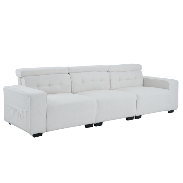306*96*83cm Teddy Velvet, 26cm Fully Detachable Armrests, Three-Seater With Side Pockets, Backrest Pull Points, Indoor Multi-Person Sofa, Off-White