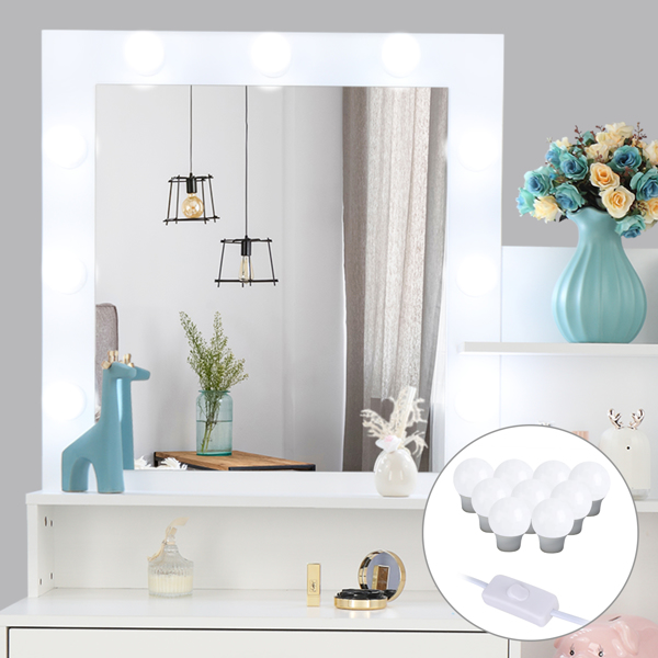  【Old Code：16772020】 Large Vanity Set with 9 LED Bulbs, Makeup Table with Cushioned Stool, 3 Storage Shelves 4 Drawers, Dressing Table Dresser Desk for Women, Girls, Bedroom, White