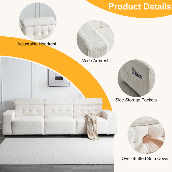 306*96*83cm Teddy Velvet, 26cm Fully Detachable Armrests, Three-Seater With Side Pockets, Backrest Pull Points, Indoor Multi-Person Sofa, Off-White