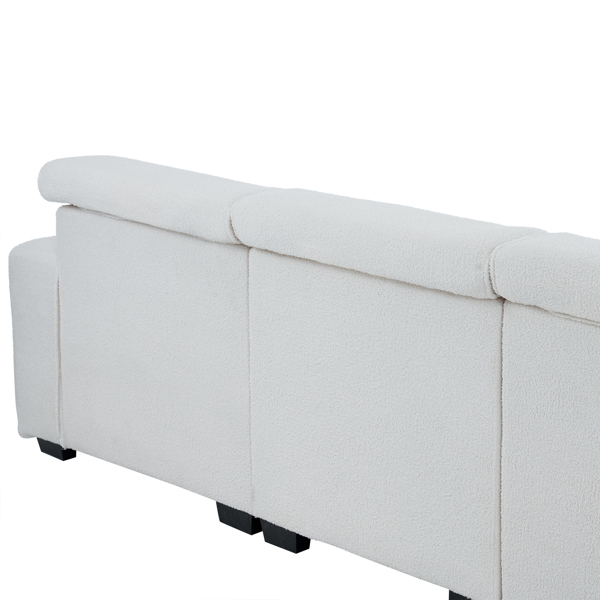 306*96*83cm Teddy Velvet, 26cm Fully Detachable Armrests, Three-Seater With Side Pockets, Backrest Pull Points, Indoor Multi-Person Sofa, Off-White
