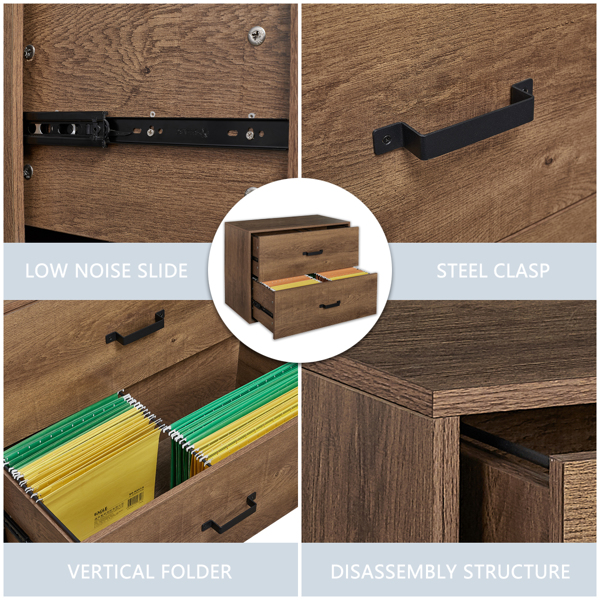 2 Drawer Wood Lateral File Cabinet , Storage Filing Cabinet for Home Office, Brown