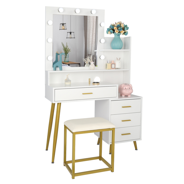  【Old Code：16772020】 Large Vanity Set with 9 LED Bulbs, Makeup Table with Cushioned Stool, 3 Storage Shelves 4 Drawers, Dressing Table Dresser Desk for Women, Girls, Bedroom, White