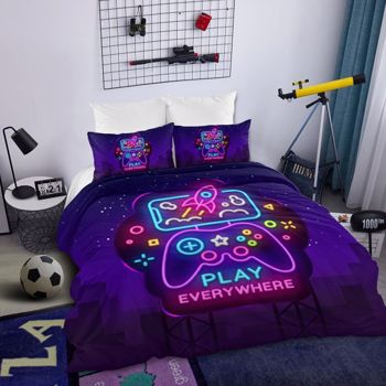 3Pcs Trippy Neon Gamepad Duvet Cover Set Twin for Gamer Soft Bedding Set