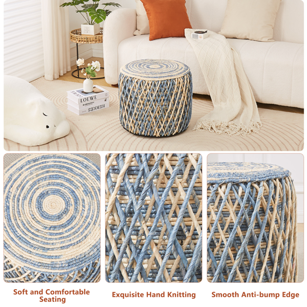 Round Pouf Ottoman Natural Seagrass Foot Stool Hand Woven Footstool Soft Padded Seat Home Decorative Boho Modern Pouffe for The Living Room Bedroom Entrance Lounge Blue