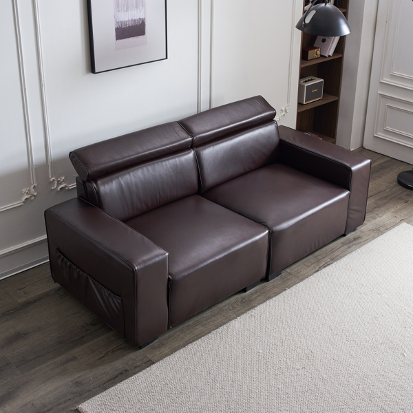 221*96*83cm Retro PU 26cm Fully Detachable Armrests Two Seats With Side Pockets Full Pull Points Indoor Double Sofa Brown