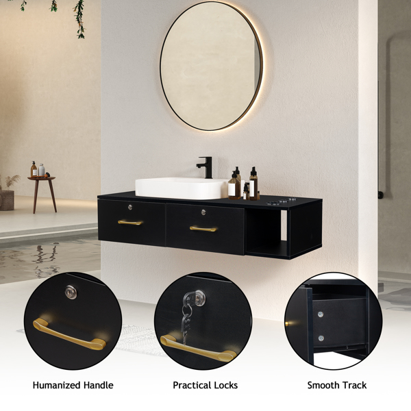 15cm E0 chipboard pitted surface, two drawers and three holes with lock, salon cabinet, black