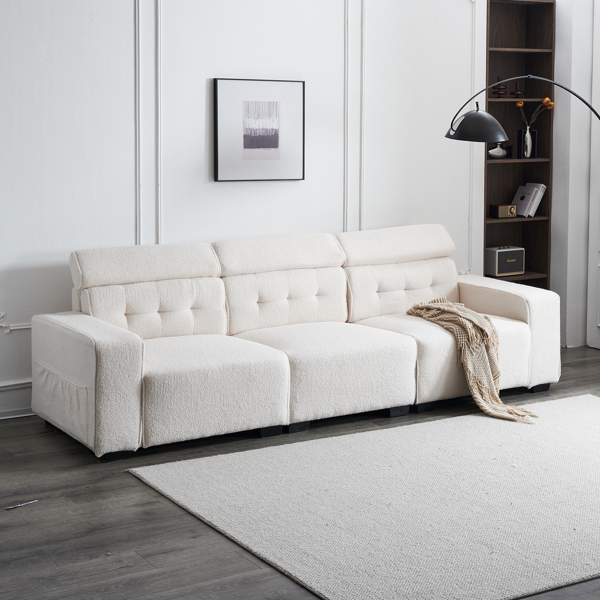 306*96*83cm Teddy Velvet, 26cm Fully Detachable Armrests, Three-Seater With Side Pockets, Backrest Pull Points, Indoor Multi-Person Sofa, Off-White