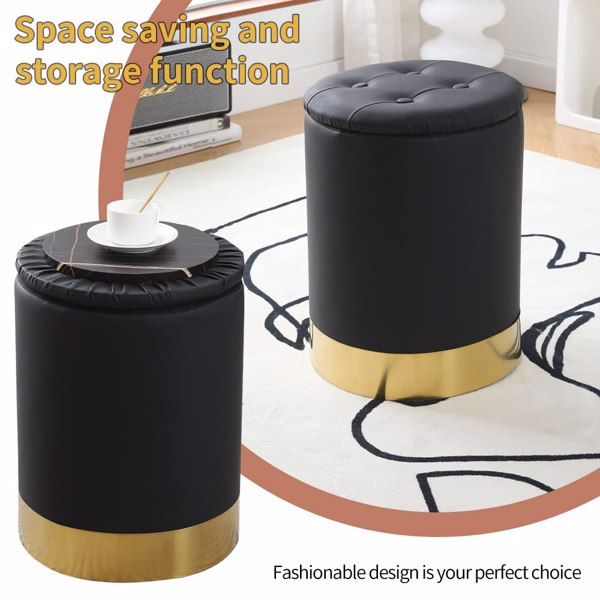 Faux Leather Round Storage Ottoman Footrest Stool with Gold-Plated Base Multipurpose Upholstered Foot Stools Vanity Chair Modern Pouf Ottoman with 23Qt Storage for Living Room Bedroom Black