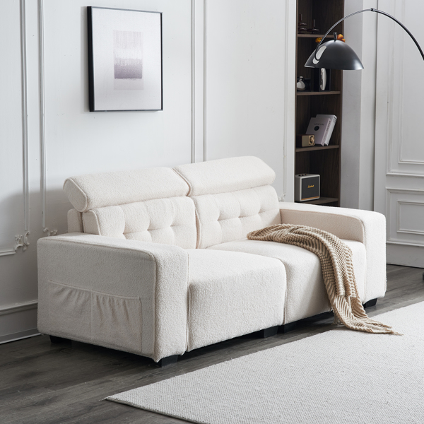 221*96*83cm Teddy Velvet 26cm Fully Detachable Armrests Two Seats With Side Pockets Backrest Pull Points Indoor Double Sofa Off-White