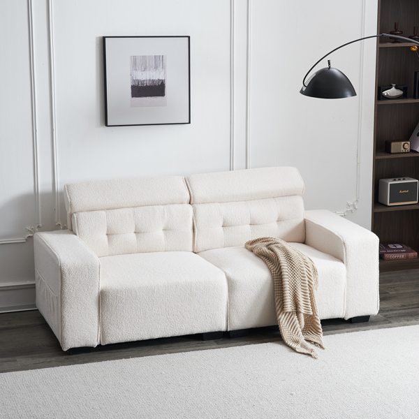 221*96*83cm Teddy Velvet 26cm Fully Detachable Armrests Two Seats With Side Pockets Backrest Pull Points Indoor Double Sofa Off-White
