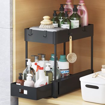 Black storage rack can be used for storage and storage under the sink. The bathroom can be stored under the sink, with a single-layer pull-out cabinet. （it isn\\'t able to ship on weekend）