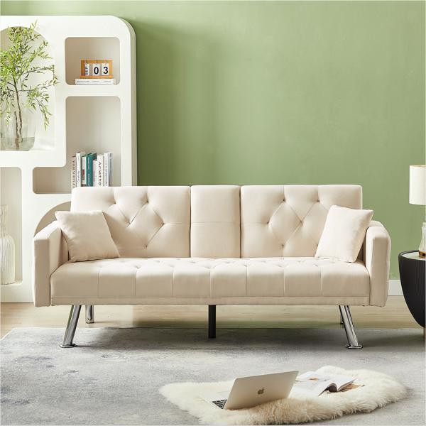 Beige Linen Convertible Sofa and Bed, Square Arm Armrests, Can Hold Water Cup, Two Pillow