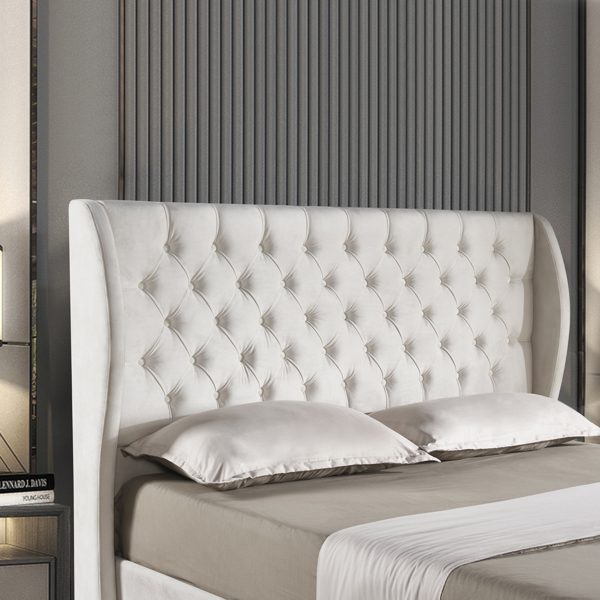 Upholstered wingback velvet fabric Chesterfield bed/button tufted headboard with vintage wings/wood slat support/easy to assemble。Queen-Size-White