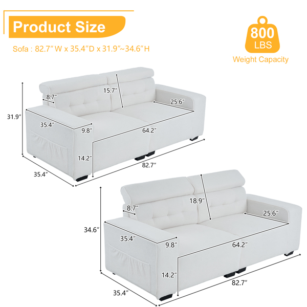 221*96*83cm Teddy Velvet 26cm Fully Detachable Armrests Two Seats With Side Pockets Backrest Pull Points Indoor Double Sofa Off-White
