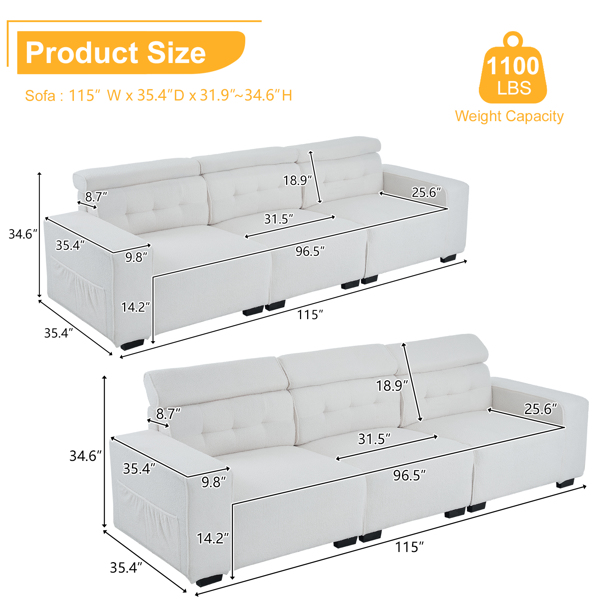 306*96*83cm Teddy Velvet, 26cm Fully Detachable Armrests, Three-Seater With Side Pockets, Backrest Pull Points, Indoor Multi-Person Sofa, Off-White