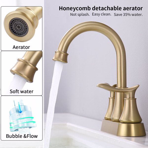 2-Handle 4-Inch Brushed Gold Bathroom Faucet, Bathroom Vanity Sink Faucets with Pop-up Drain and Supply Hoses [Unable to ship on weekends, please place orders with caution]