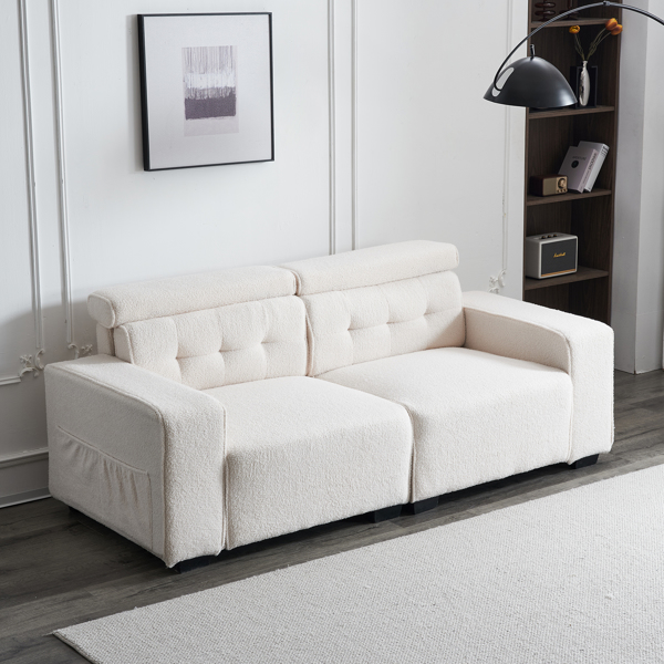 221*96*83cm Teddy Velvet 26cm Fully Detachable Armrests Two Seats With Side Pockets Backrest Pull Points Indoor Double Sofa Off-White