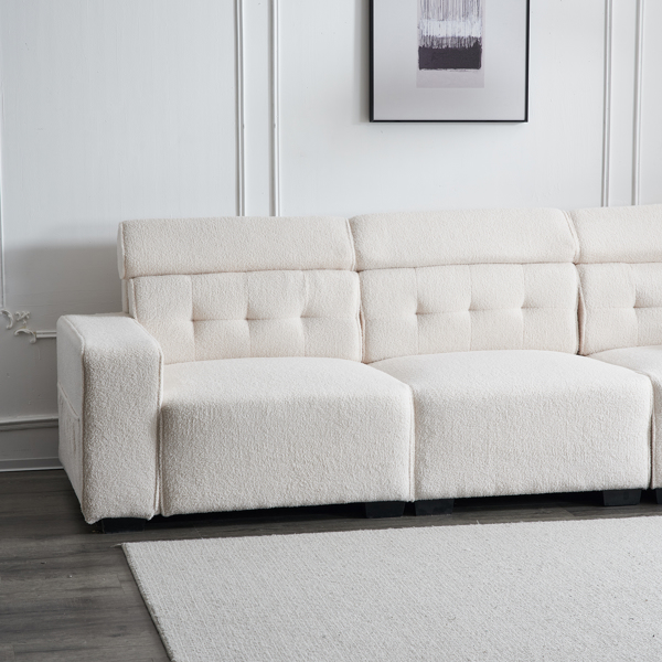 306*96*83cm Teddy Velvet, 26cm Fully Detachable Armrests, Three-Seater With Side Pockets, Backrest Pull Points, Indoor Multi-Person Sofa, Off-White