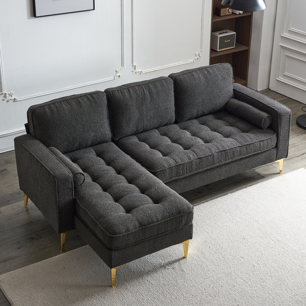 218*141*87cm Boucle Yarn, Diamond-Shaped Gold-Plated Three-Pronged Legs, Three-Seater With Footstool, Indoor Modular Sofa, Dark Grey