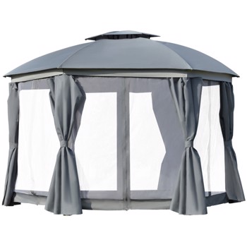 144x144 Inch Round Outdoor Gazebo, Patio Dome Gazebo Canopy Shelter with Double Roof, Netting Sidewalls and Curtains, Zippered Doors Grey AS (Swiship-Ship)（Prohibited by WalMart）