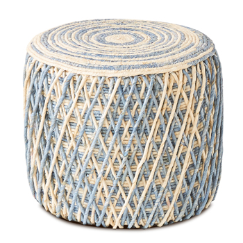 Round Pouf Ottoman Natural Seagrass Foot Stool Hand Woven Footstool Soft Padded Seat Home Decorative Boho Modern Pouffe for The Living Room Bedroom Entrance Lounge Blue