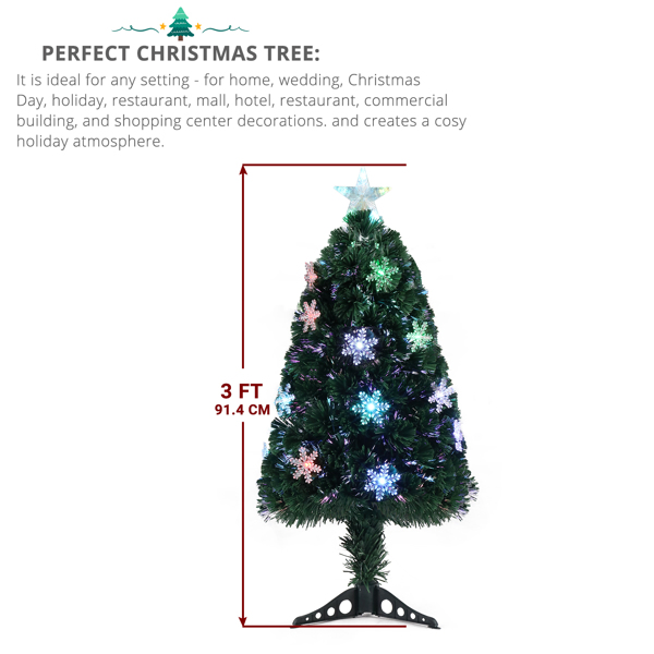 3ft Top With Stars， Plastic Base, PVC Material, 12  Light Colorful Discoloration With Snow Flakes, 85 Branches, Christmas Tree, Green