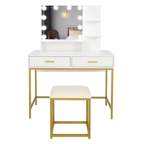 FCH Large Vanity Set with 10 LED Bulbs, Makeup Table with Cushioned Stool, 3 Storage Shelves 2 Drawers, Dressing Table Dresser Desk for Women, Girls, Bedroom, White 