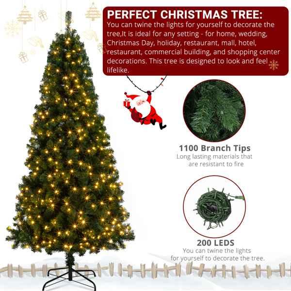 7ft 1100 Branches PVC Material DIY 200 Lights Warm Color 8 Modes Christmas Tree Green